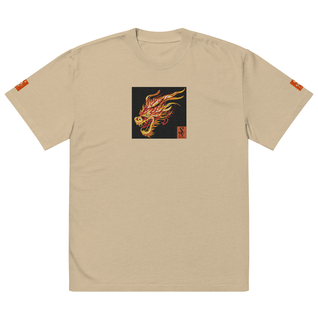 SAVANT NOIR beige premium dragon print shirt with fiery dragon head graphic on front