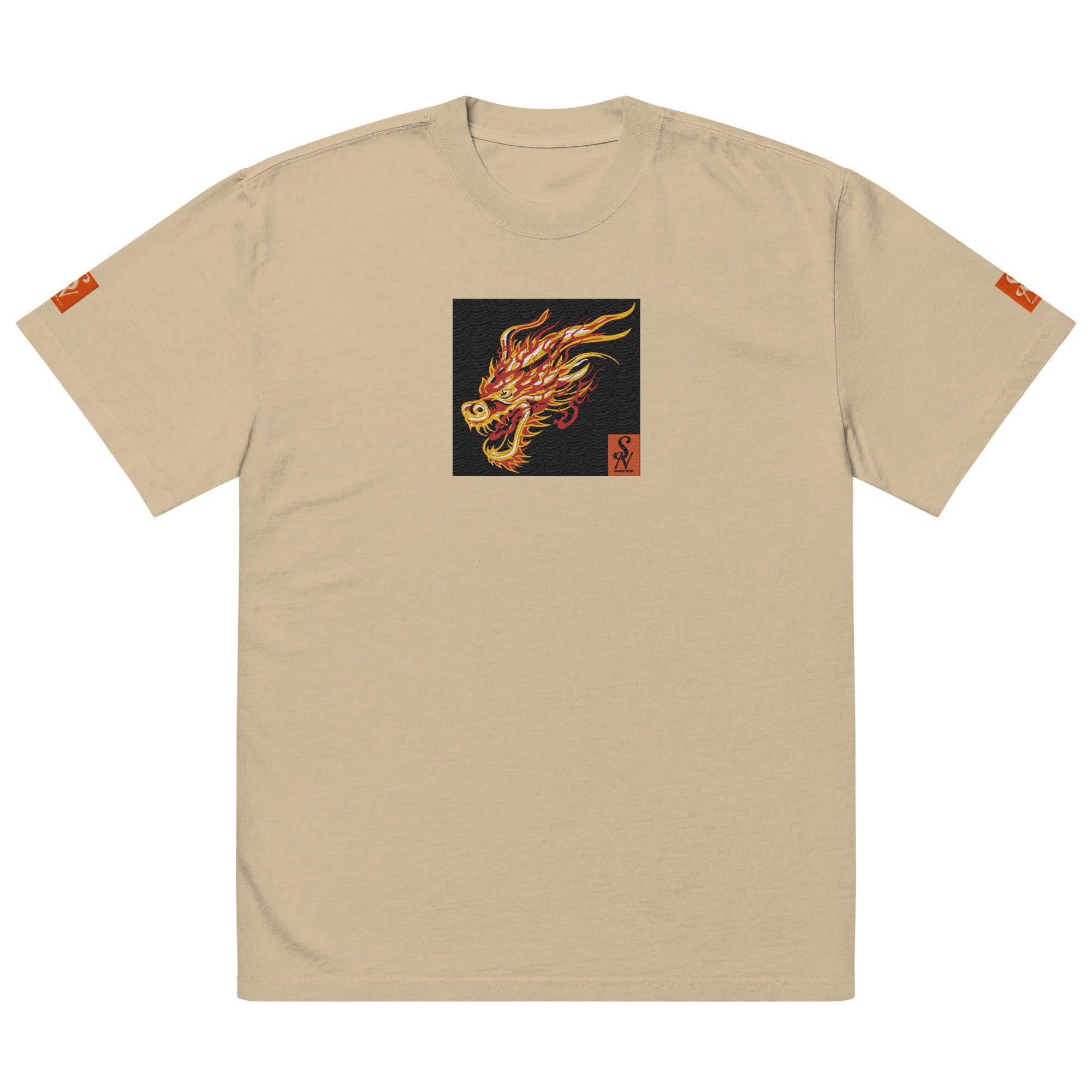 SAVANT NOIR beige premium dragon print shirt with fiery dragon head graphic on front