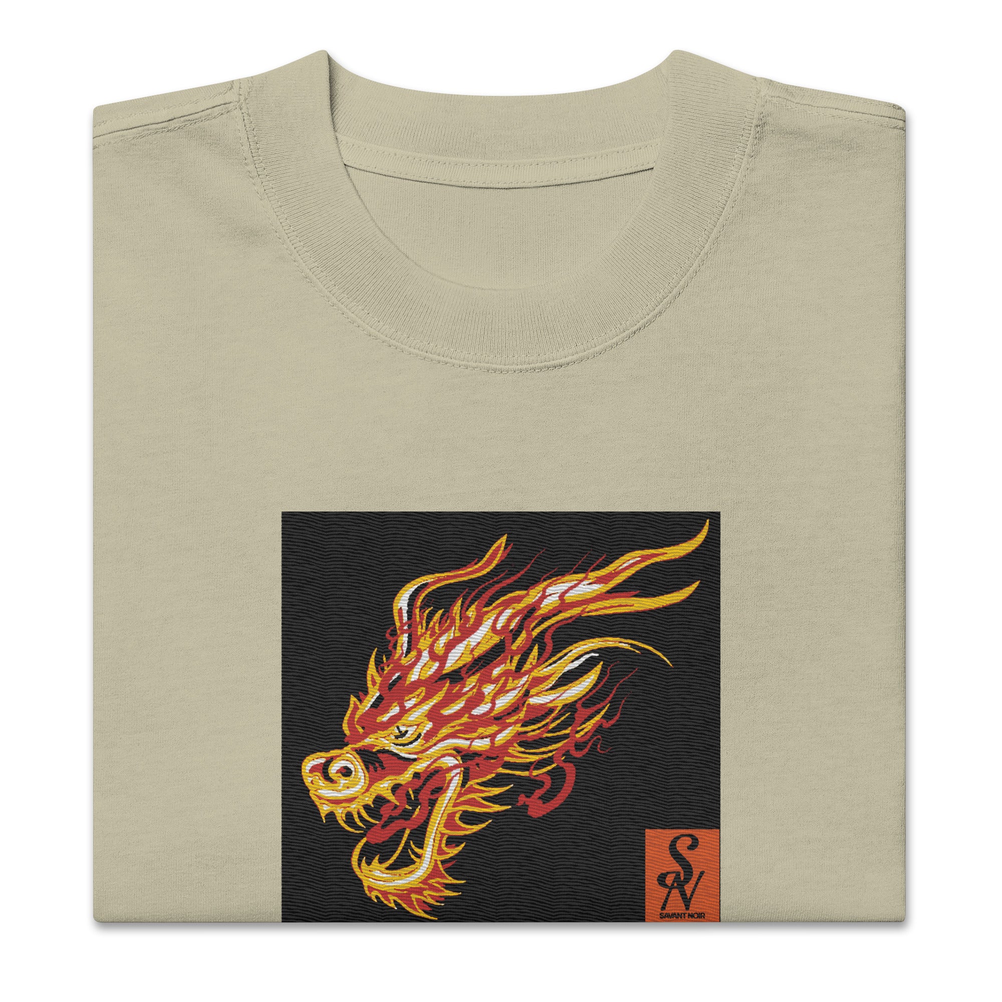 Beige SAVANT NOIR premium dragon print shirt featuring a vibrant fiery dragon head graphic on front