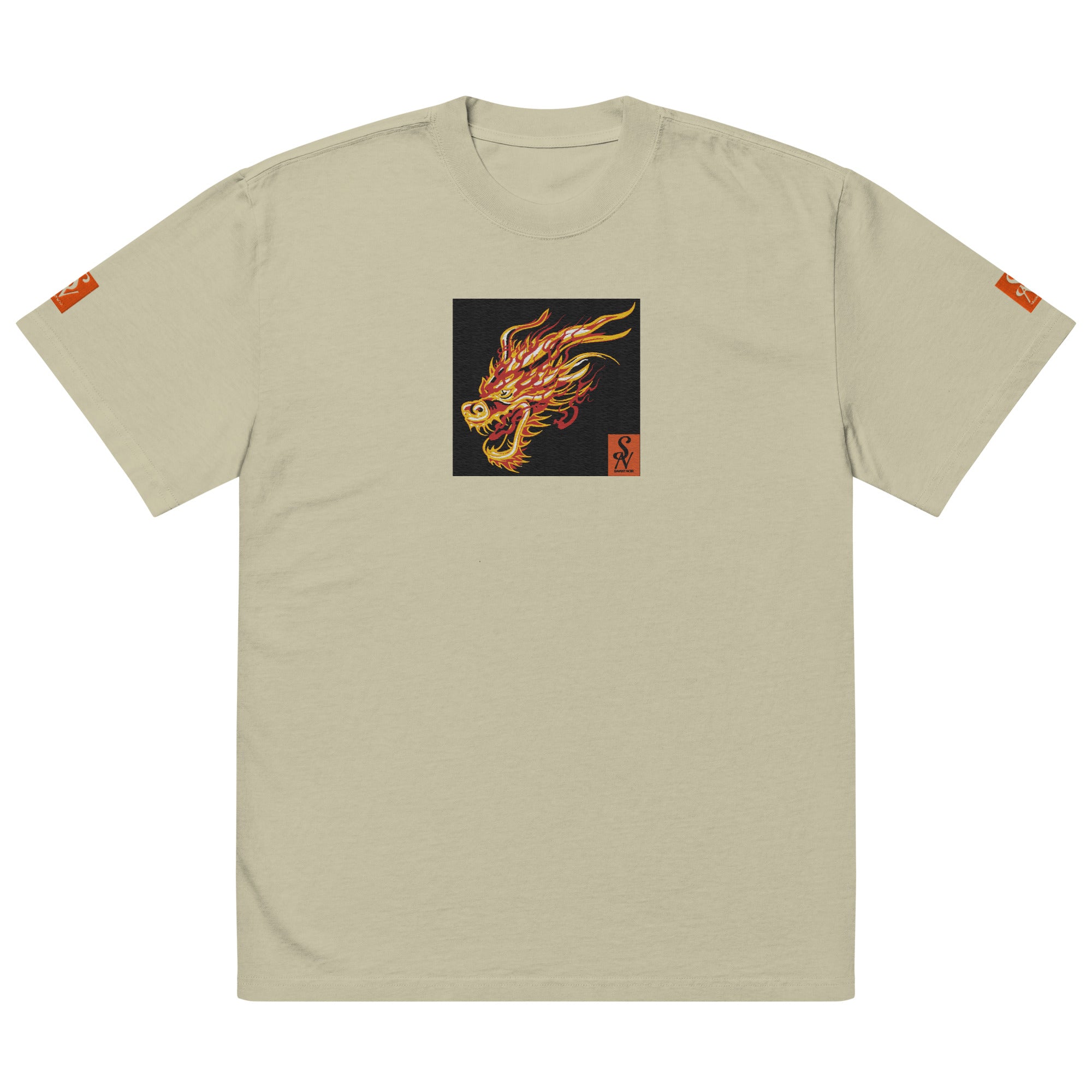 SAVANT NOIR beige t-shirt with premium dragon print shirt design featuring fiery dragon head graphic