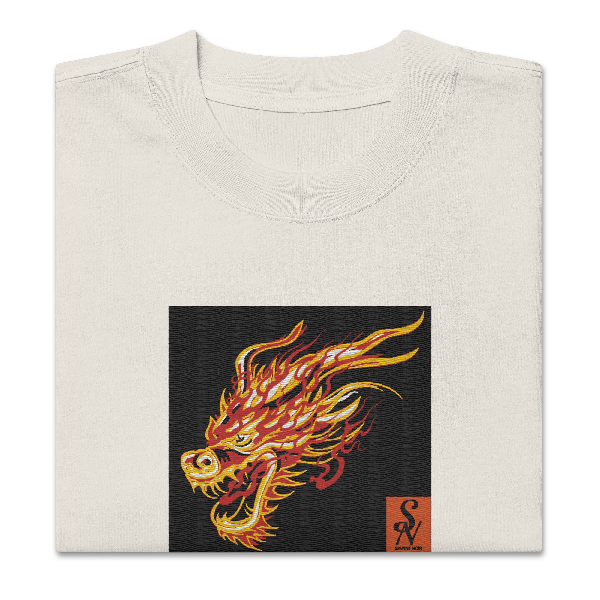 SAVANT NOIR premium dragon print shirt in beige with vibrant fiery dragon graphic on front