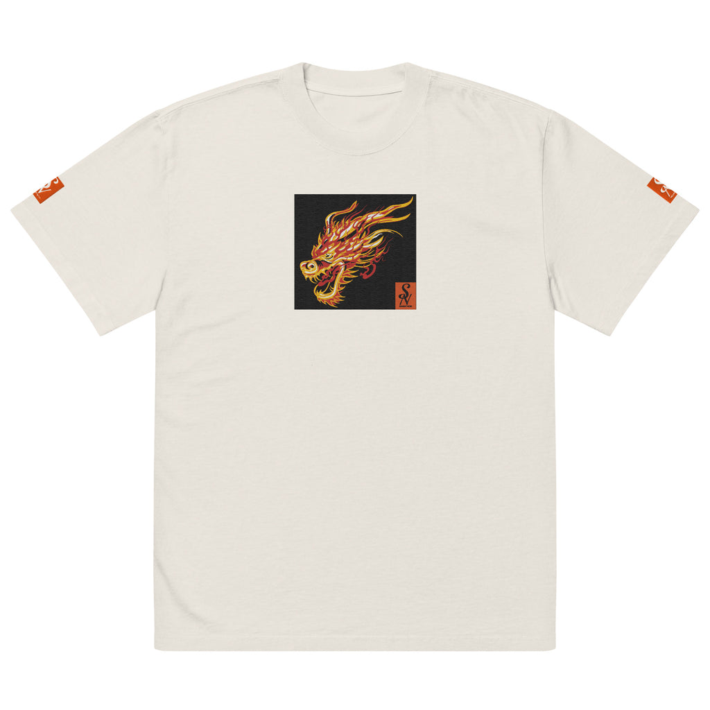 SAVANT NOIR premium dragon print shirt in white with fiery dragon graphic on front and logo patches on sleeves