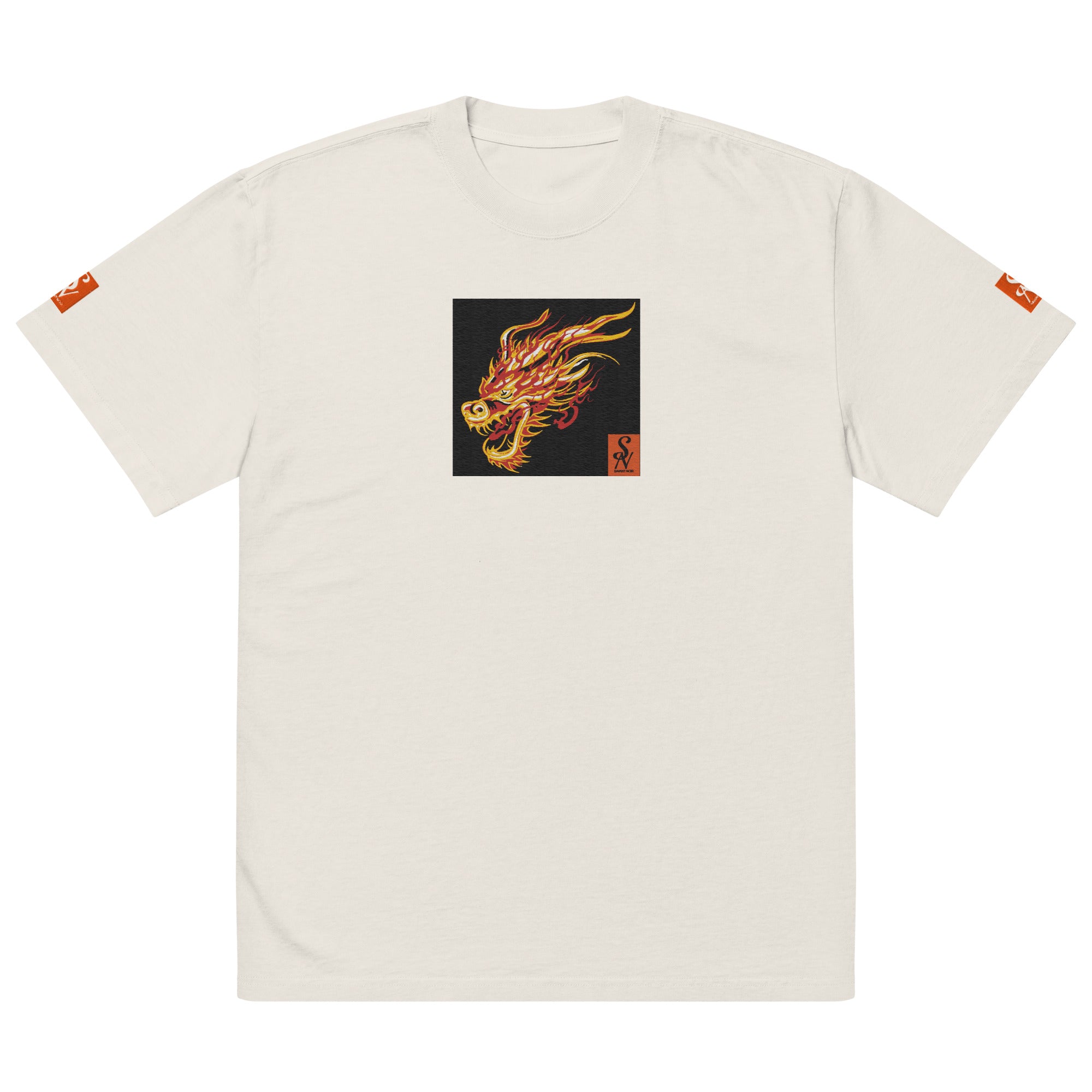 SAVANT NOIR premium dragon print shirt in white with fiery dragon graphic on front and logo patches on sleeves