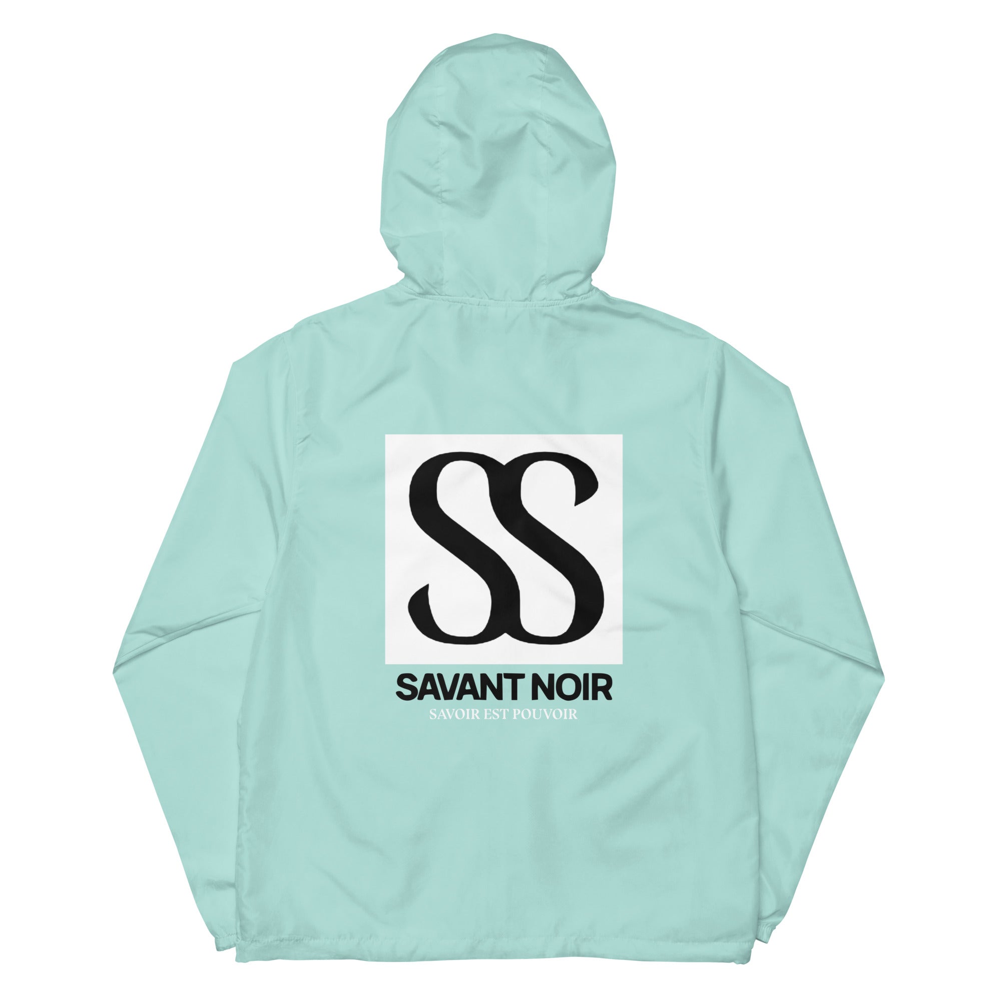 SAVANT NOIR luxury unisex windbreaker in light blue with hood and bold SS logo on the back