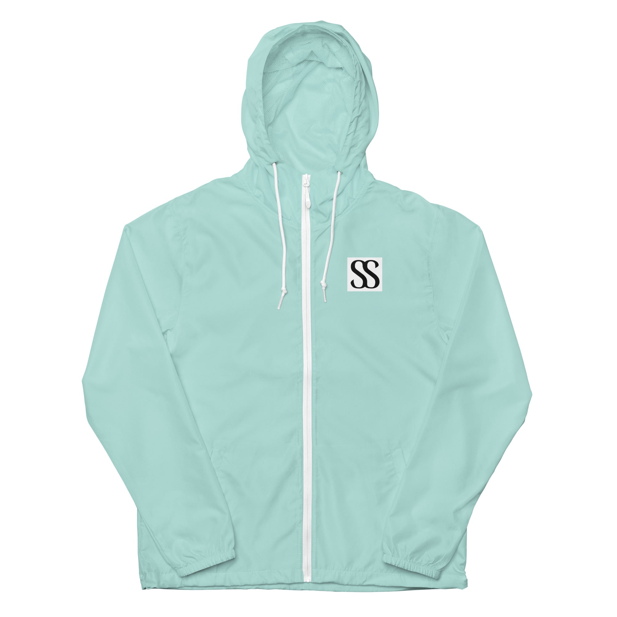 SAVANT NOIR luxury unisex windbreaker in light teal with hood and front zipper