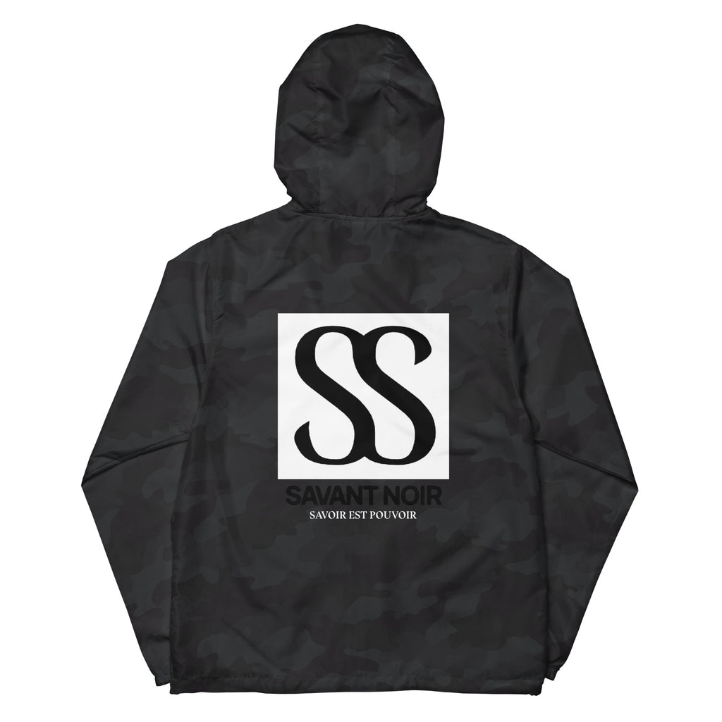 SAVANT NOIR luxury unisex windbreaker in black with hood and bold white logo on back