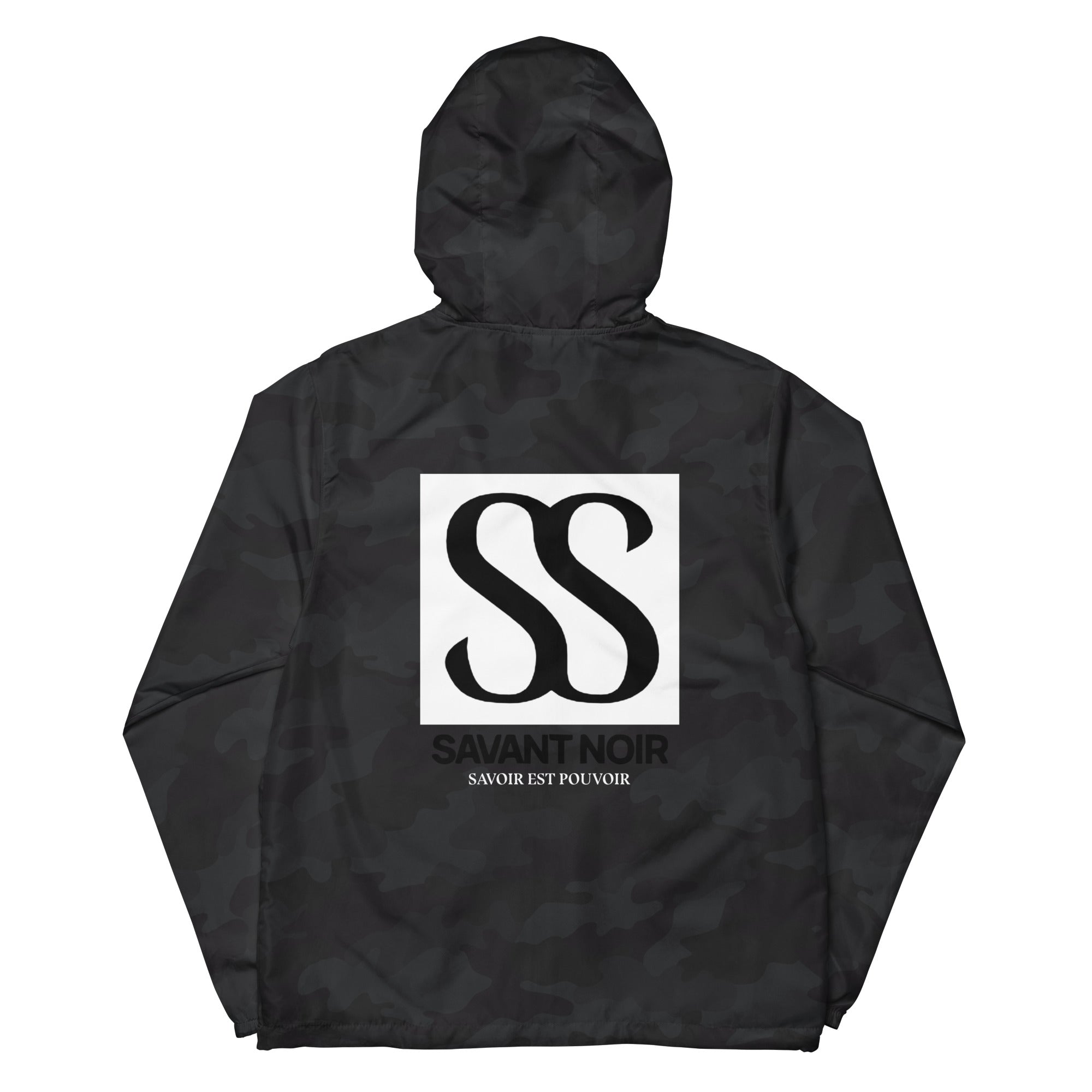 SAVANT NOIR luxury unisex windbreaker in black with hood and bold white logo on back