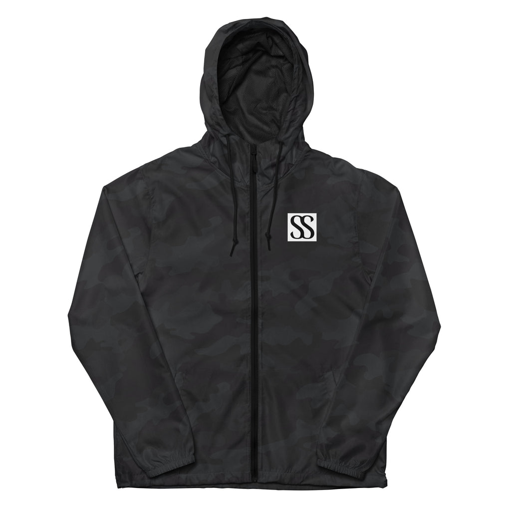 SAVANT NOIR luxury unisex windbreaker in black camo with hood and front zipper
