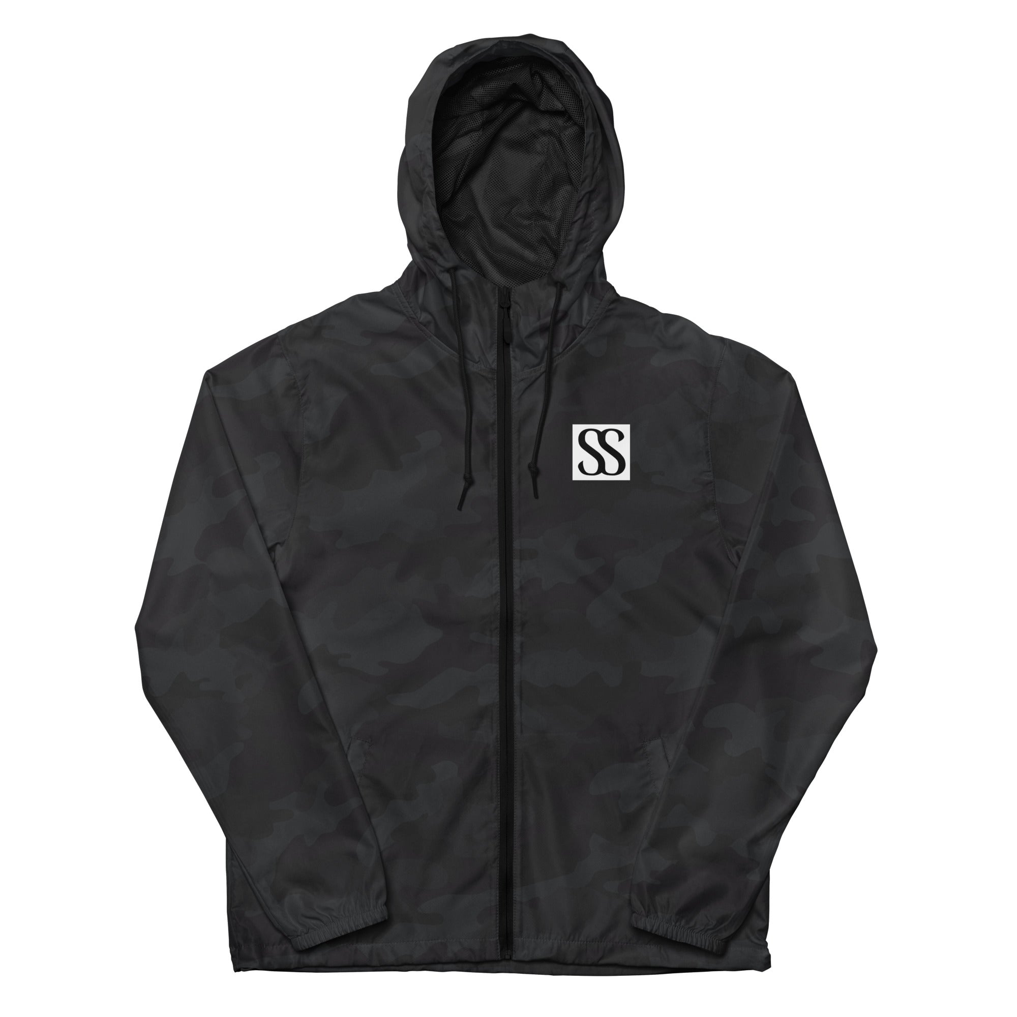 SAVANT NOIR luxury unisex windbreaker in black camo with hood and front zipper