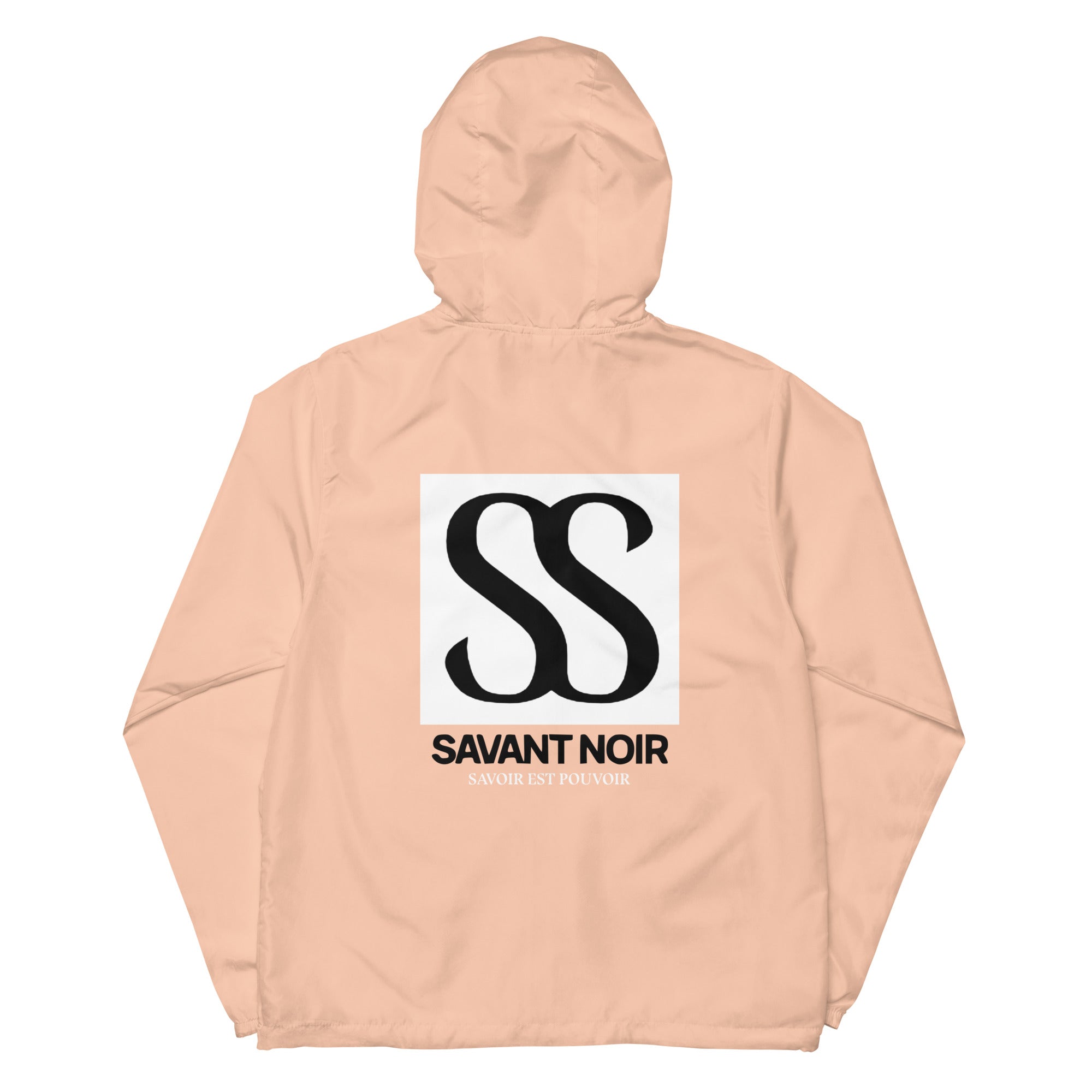 SAVANT NOIR luxury unisex windbreaker in light peach with large SS logo on the back and hooded design
