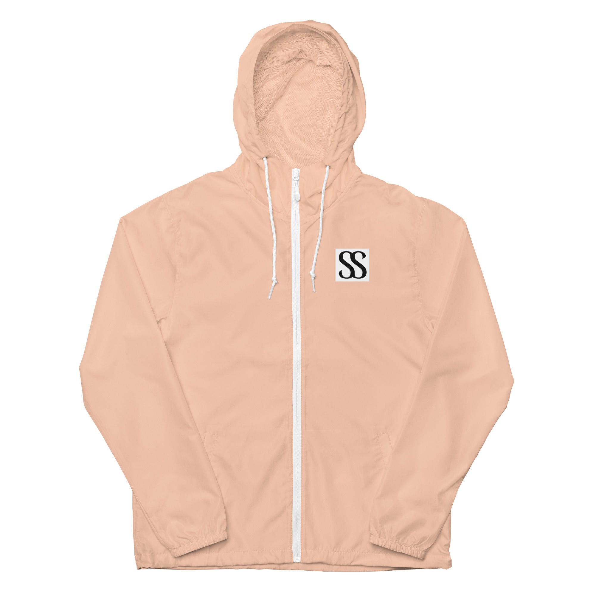SAVANT NOIR luxury unisex windbreaker in light peach with hood and white zipper