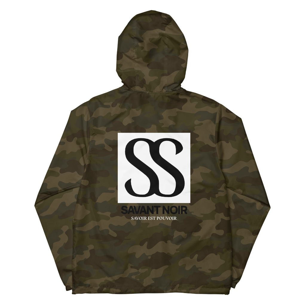 SAVANT NOIR luxury unisex windbreaker in green camouflage with logo print on back and hood