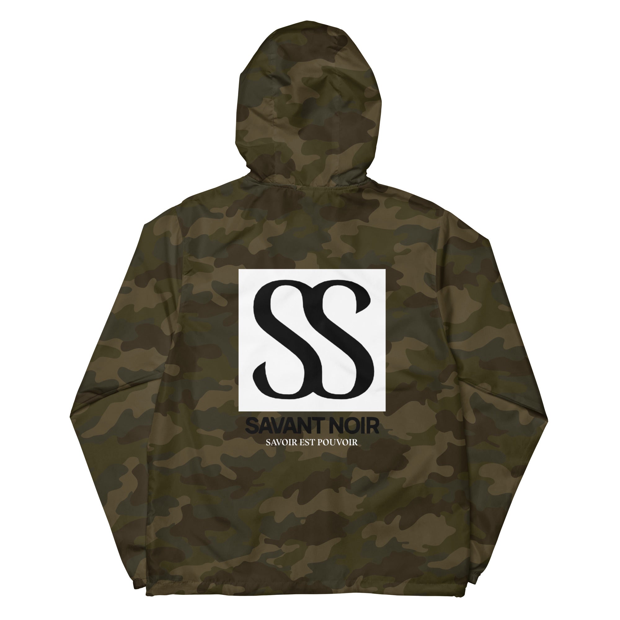 SAVANT NOIR luxury unisex windbreaker with camouflage pattern and bold SS logo on the back