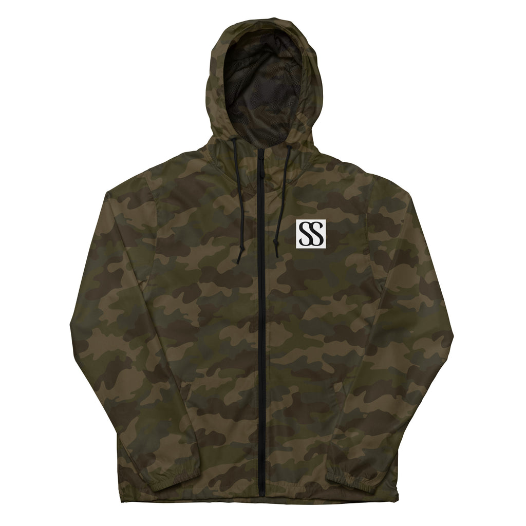SAVANT NOIR luxury unisex windbreaker in green camo with hood and front zipper