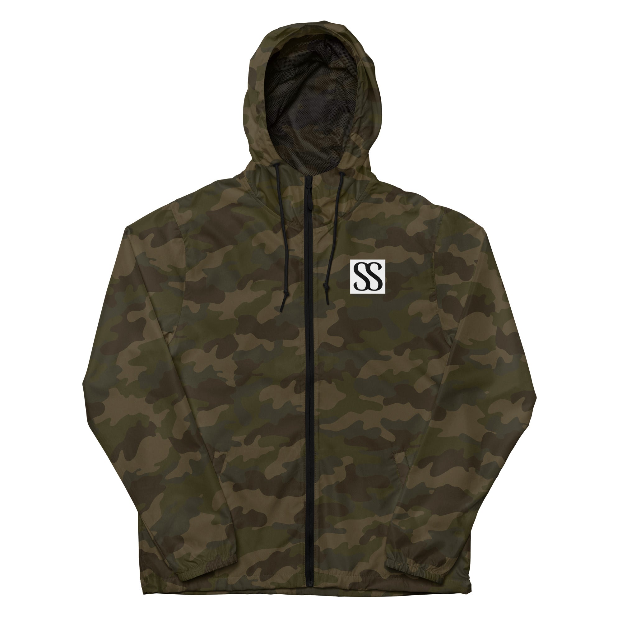 SAVANT NOIR luxury unisex windbreaker in green camo with hood and front zipper