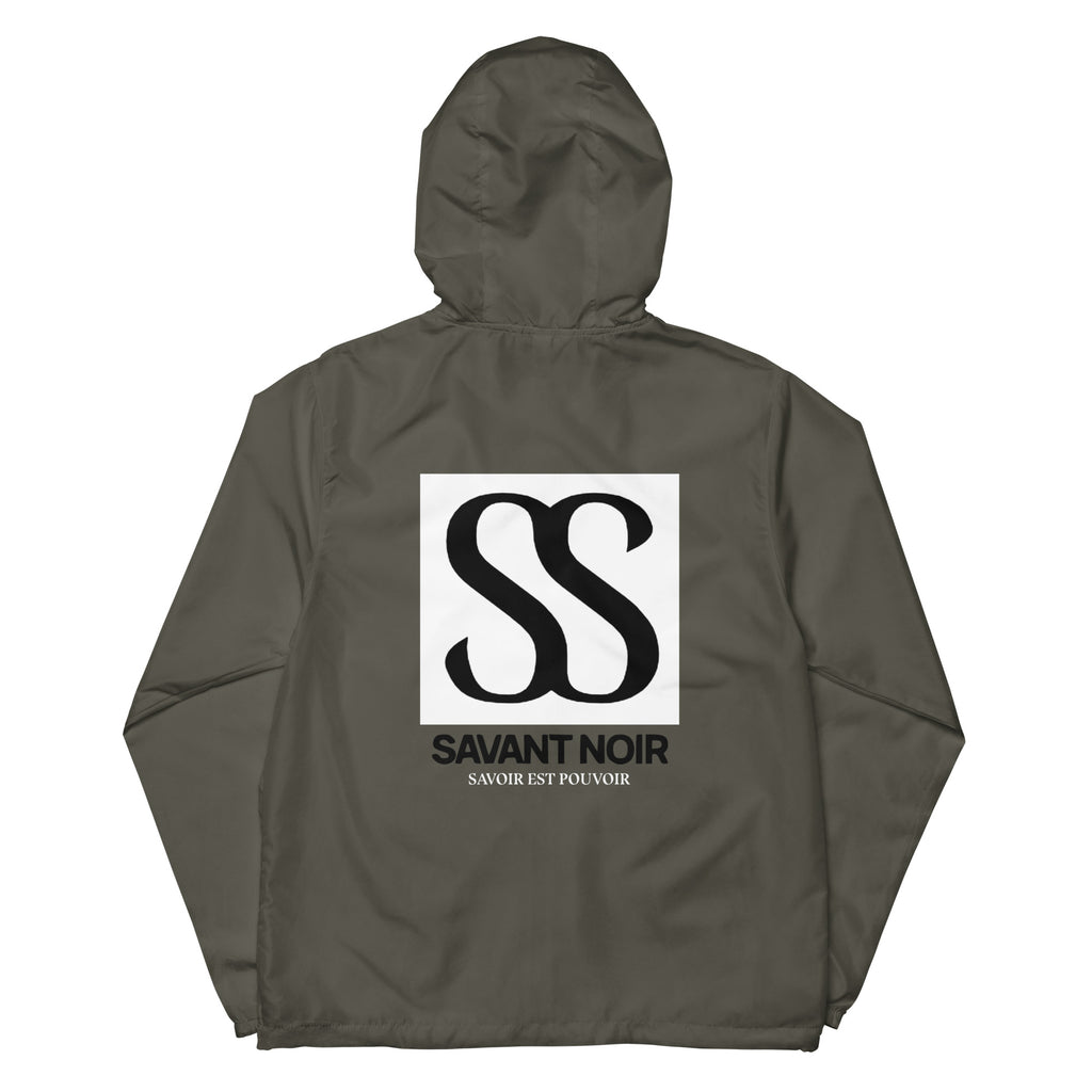 SAVANT NOIR luxury unisex windbreaker in olive with hood and bold black logo on back