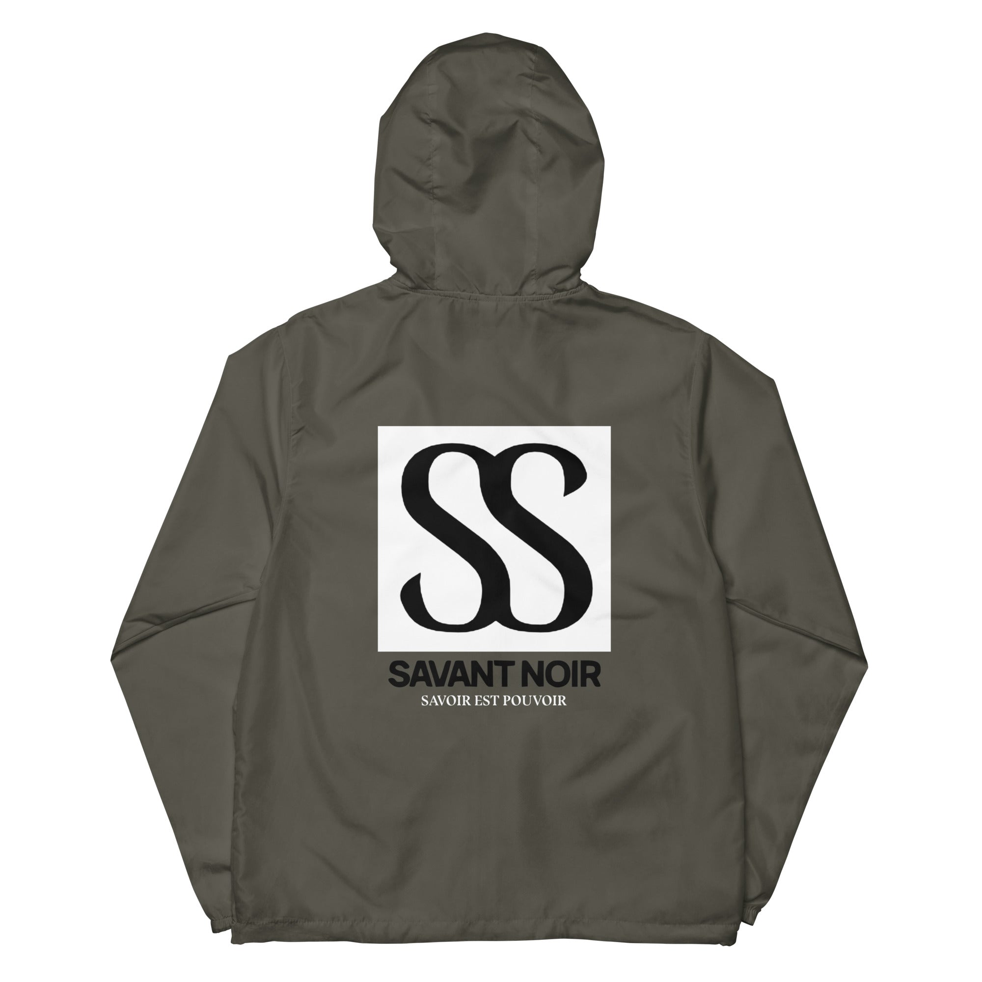 SAVANT NOIR luxury unisex windbreaker in olive with hood and bold black logo on back
