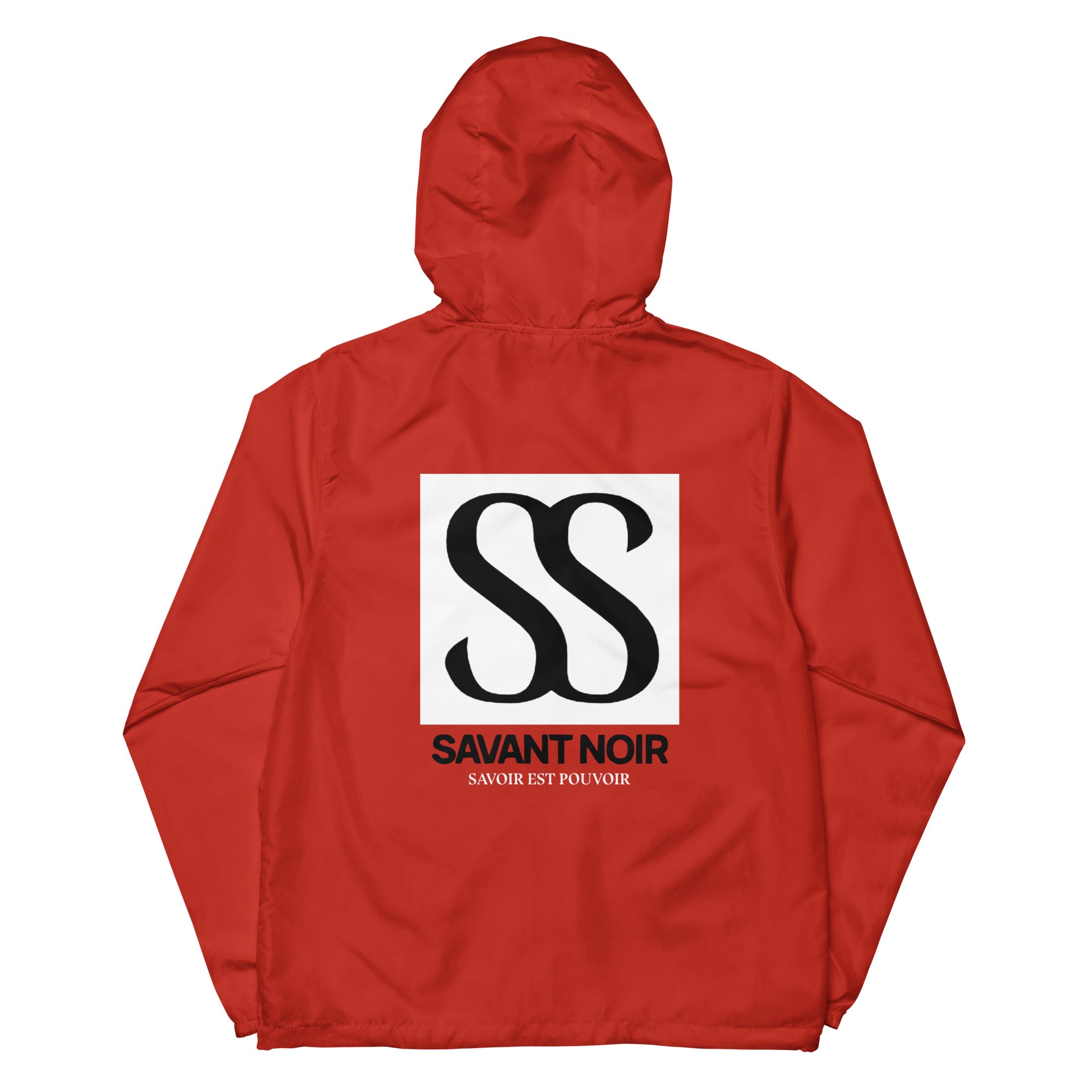 Red SAVANT NOIR luxury unisex windbreaker with hood and large black logo on the back