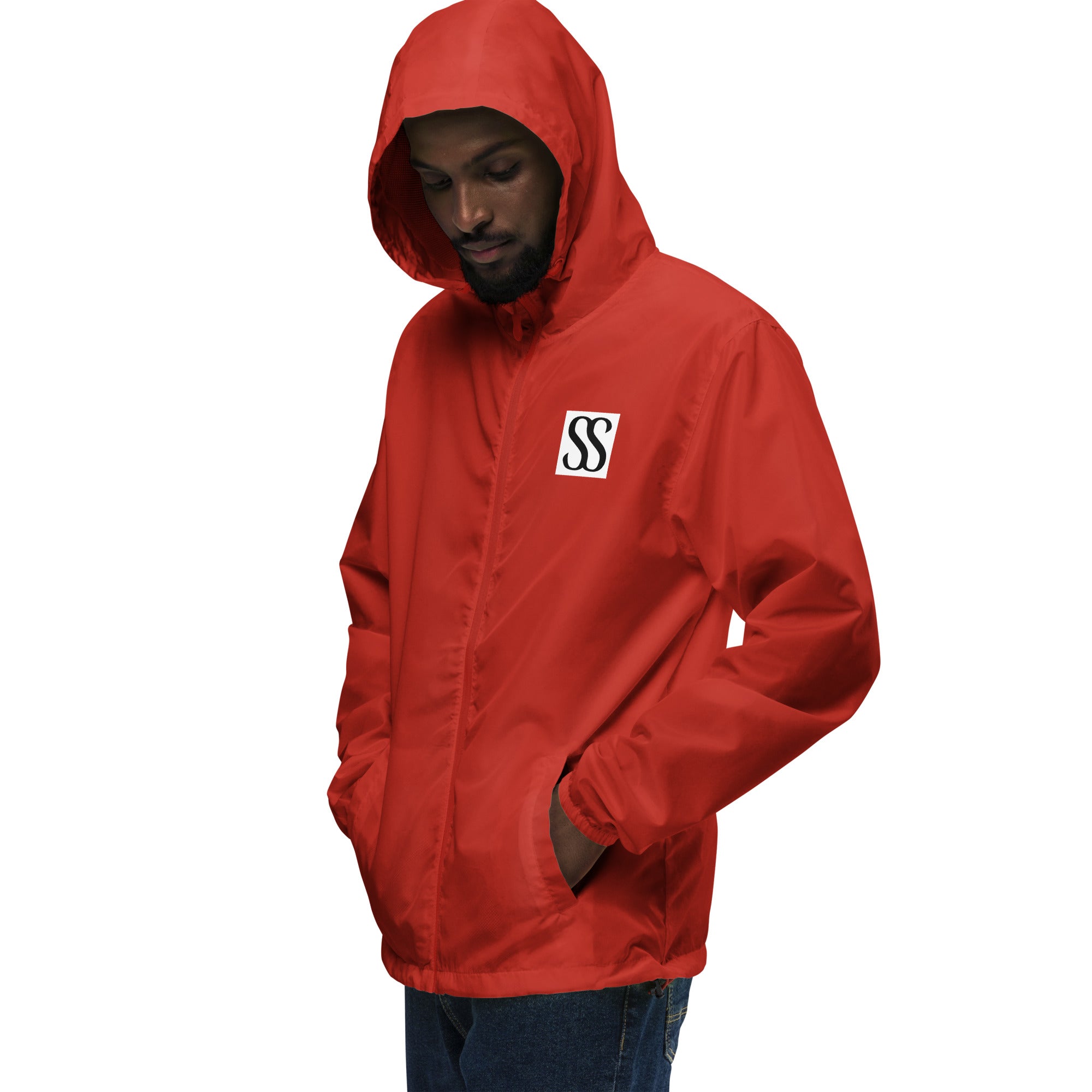 Red luxury unisex windbreaker by SAVANT NOIR with hood and front pockets
