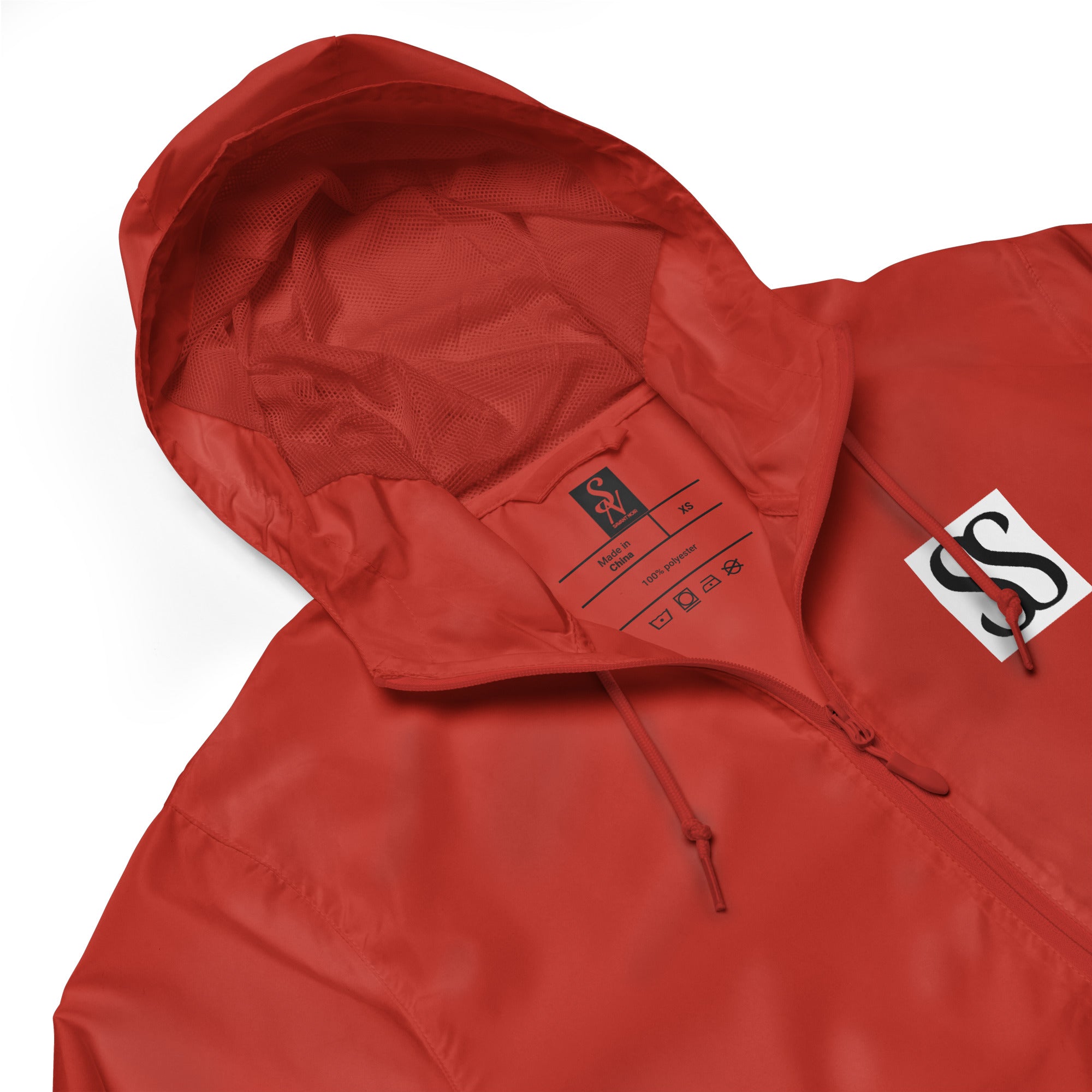 Red SAVANT NOIR luxury unisex windbreaker jacket with hood and front zipper detail