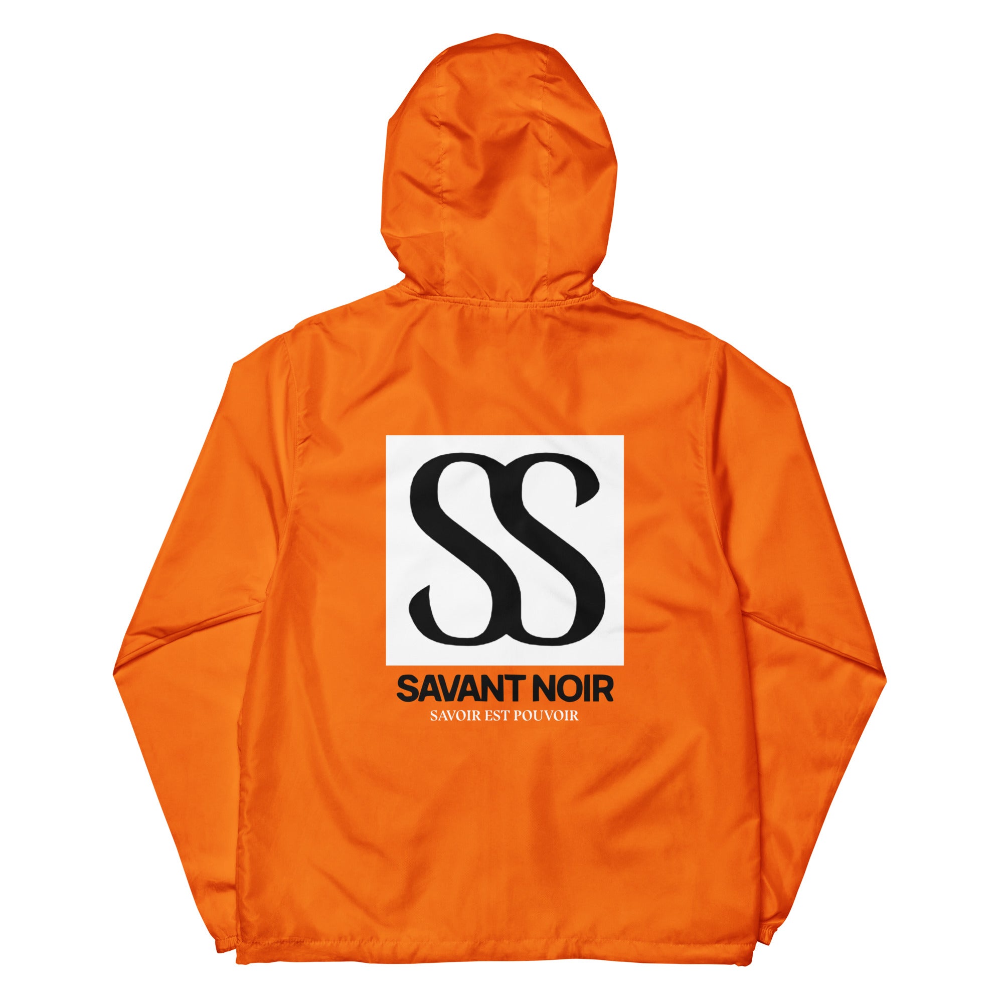 SAVANT NOIR luxury unisex windbreaker in bright orange with hood and bold black and white logo on back