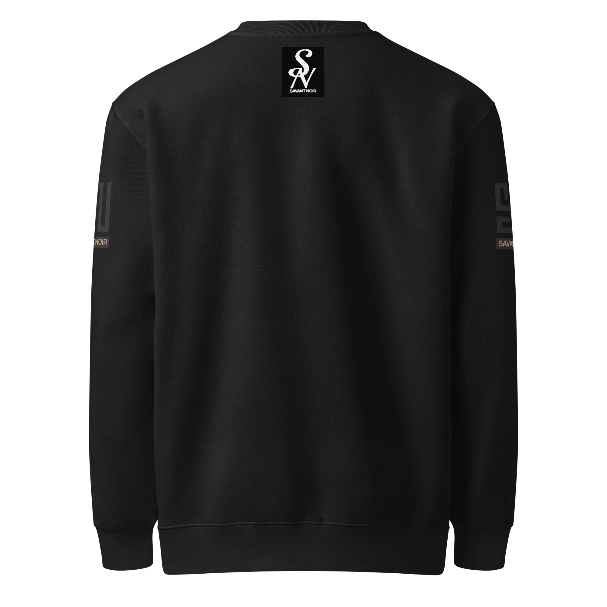 SAVANT NOIR black luxury crew neck sweatshirt with logo patch on back and printed details on sleeves