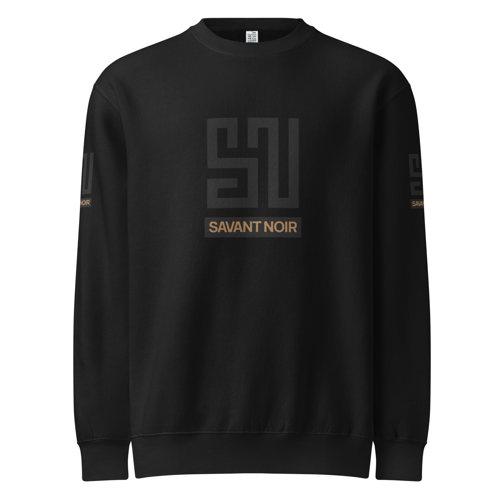 Black SAVANT NOIR luxury crew neck sweatshirt with subtle logo design on front and sleeves