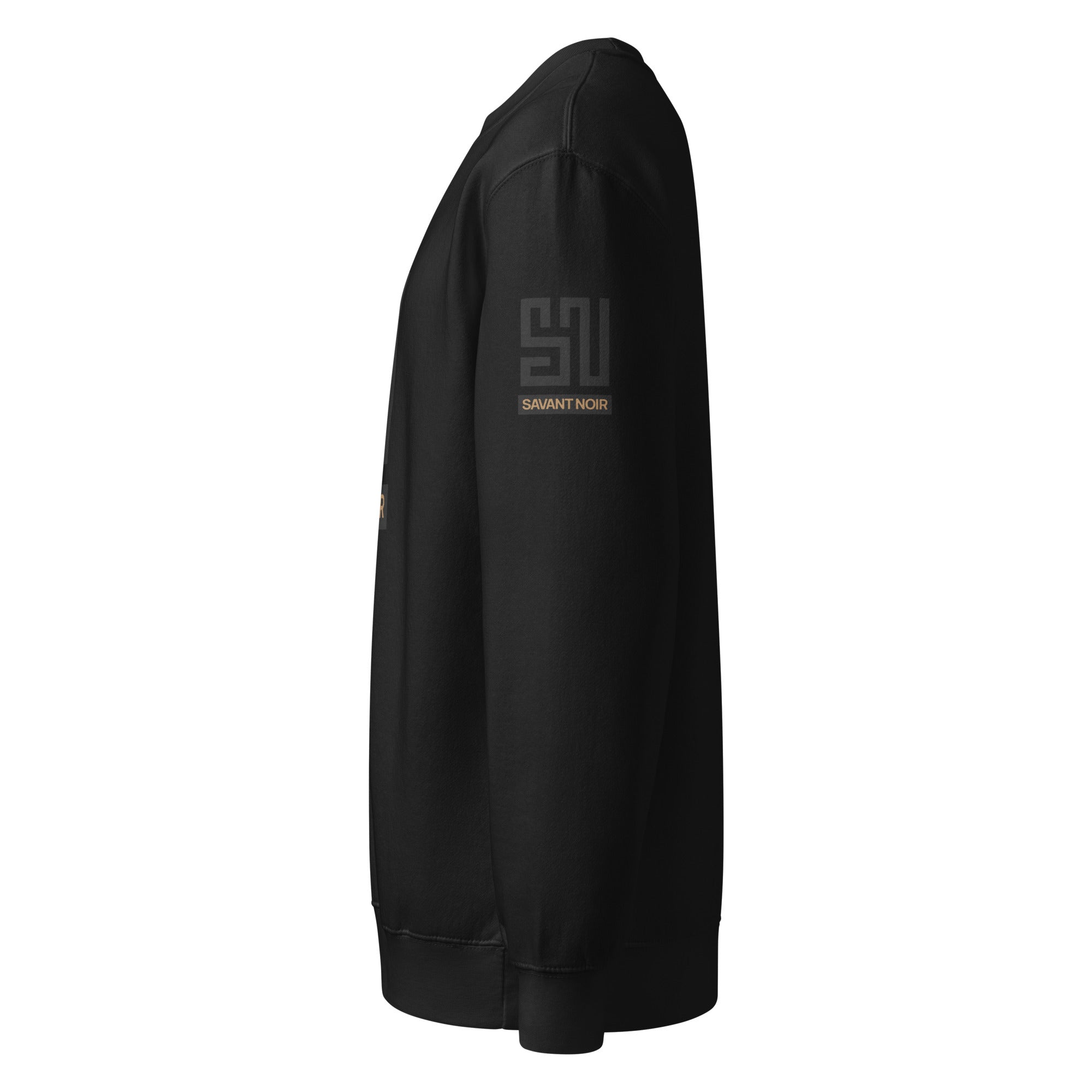 Side view of black luxury crew neck sweatshirt by SAVANT NOIR with subtle logo on sleeve