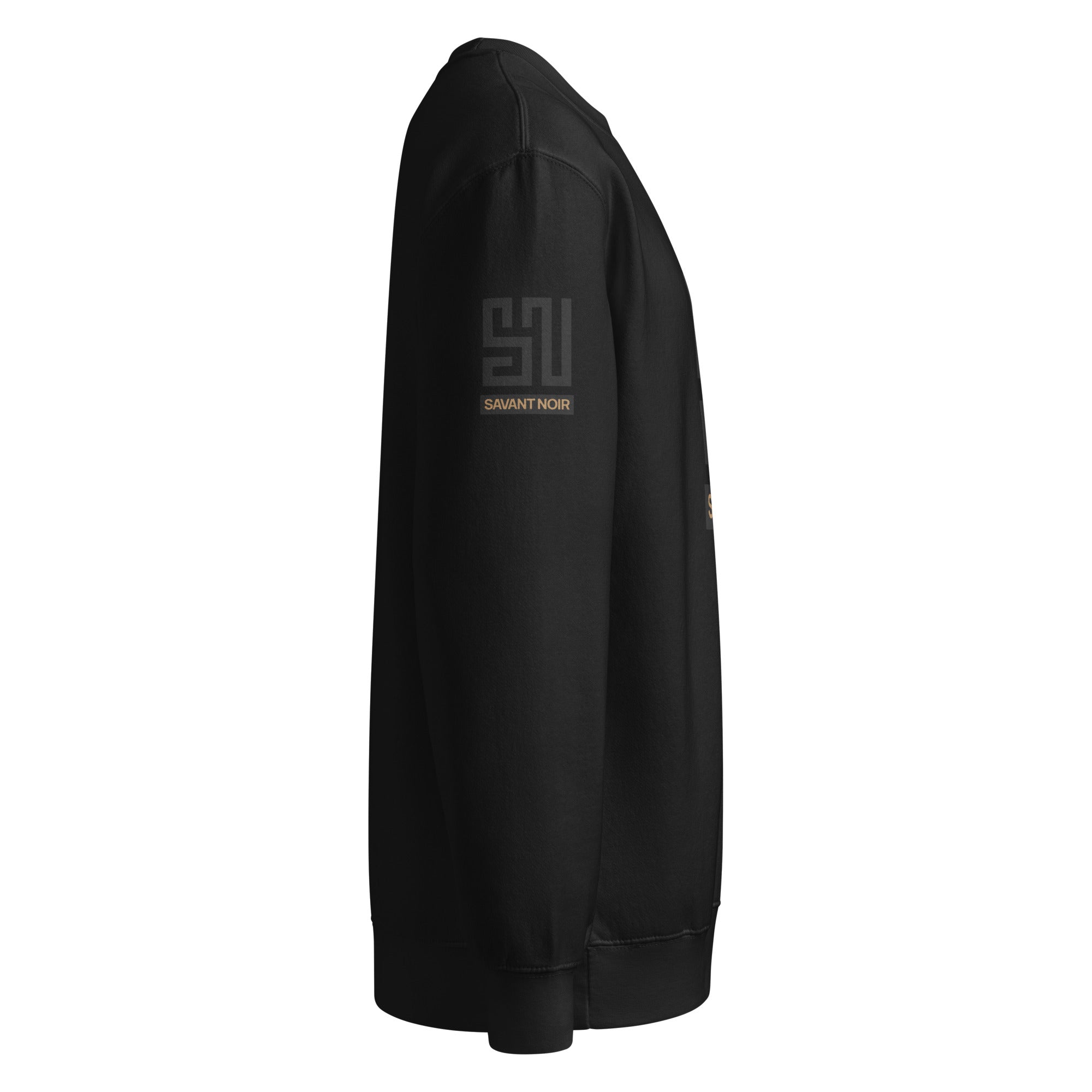 SAVANT NOIR black luxury crew neck sweatshirt with long sleeves and ribbed cuffs side view