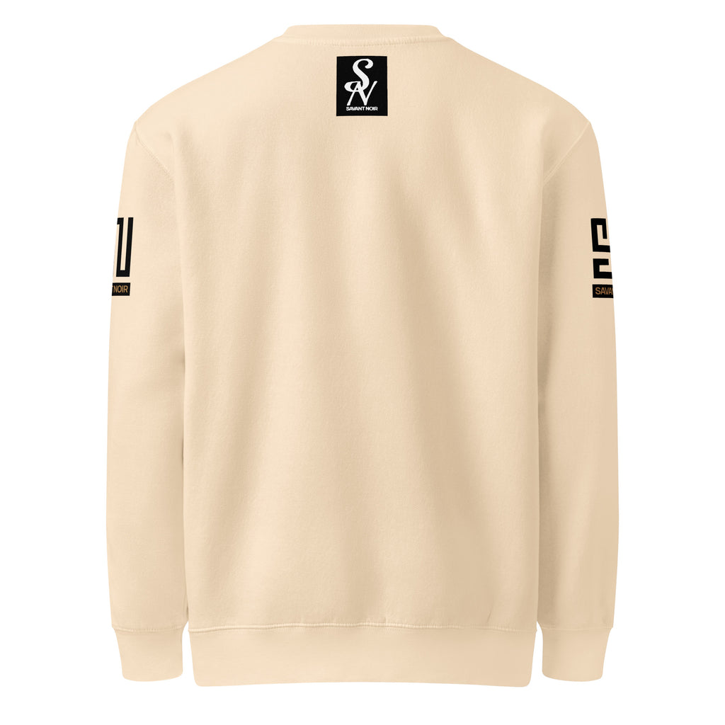 Back view of SAVANT NOIR luxury crew neck sweatshirt in beige with black sleeve logos