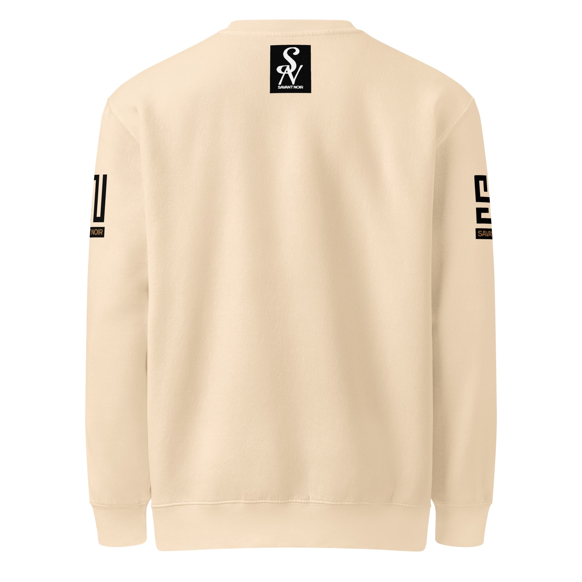Back view of SAVANT NOIR luxury crew neck sweatshirt in beige with black sleeve logos