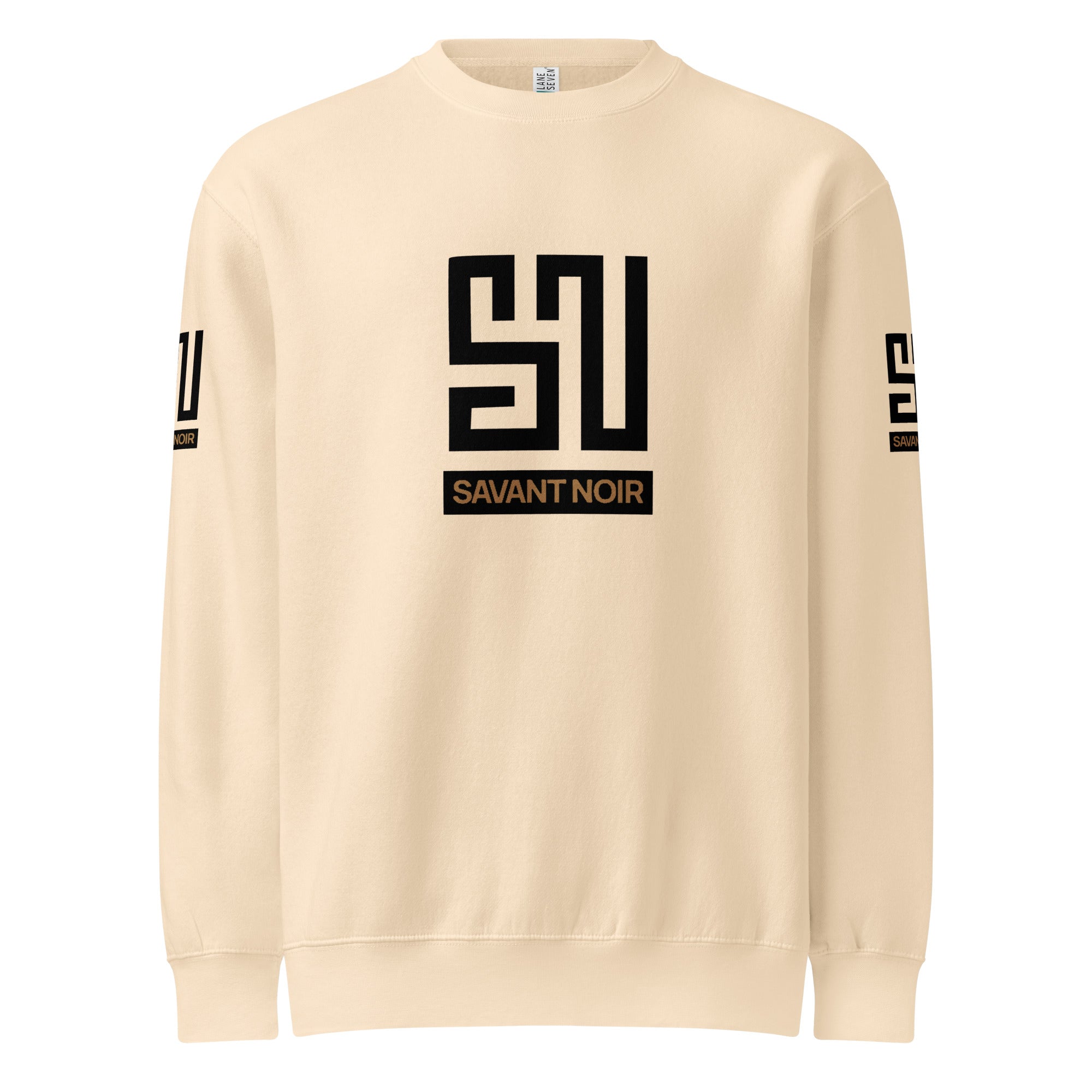 SAVANT NOIR beige luxury crew neck sweatshirt with black logo on chest and sleeves