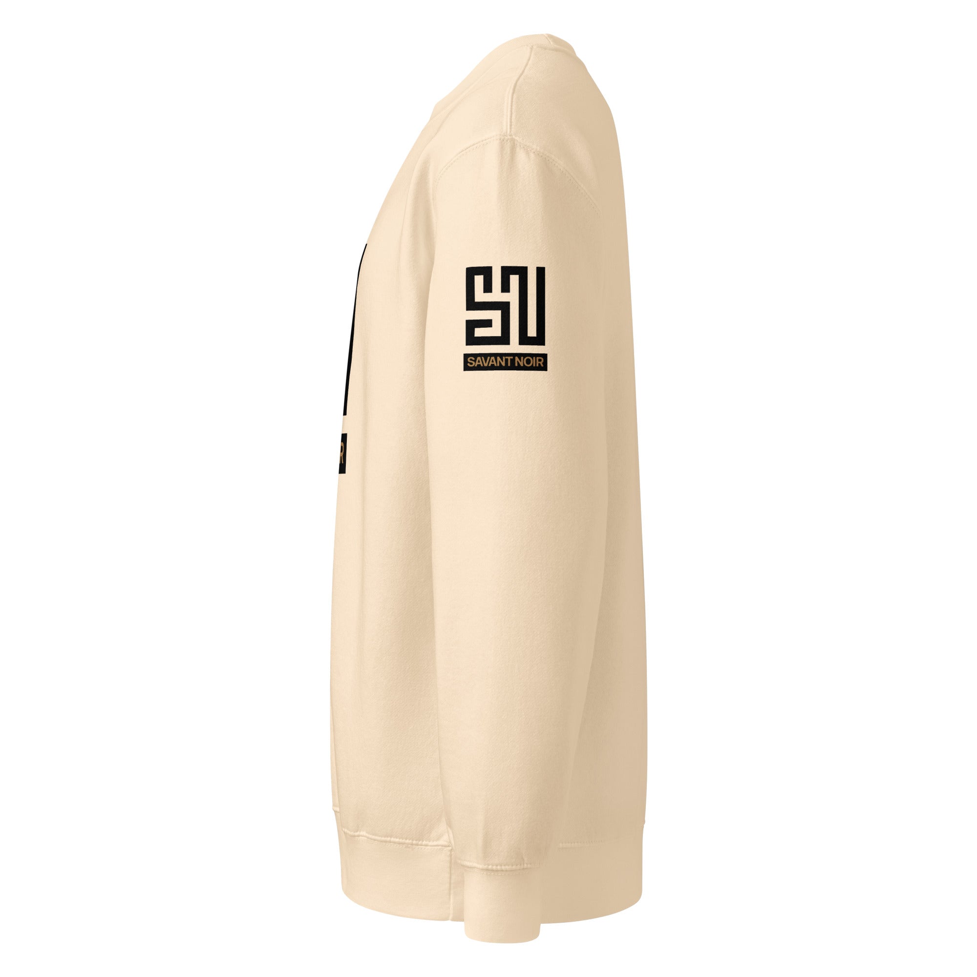 SAVANT NOIR beige luxury crew neck sweatshirt with black logo print on sleeve in side view