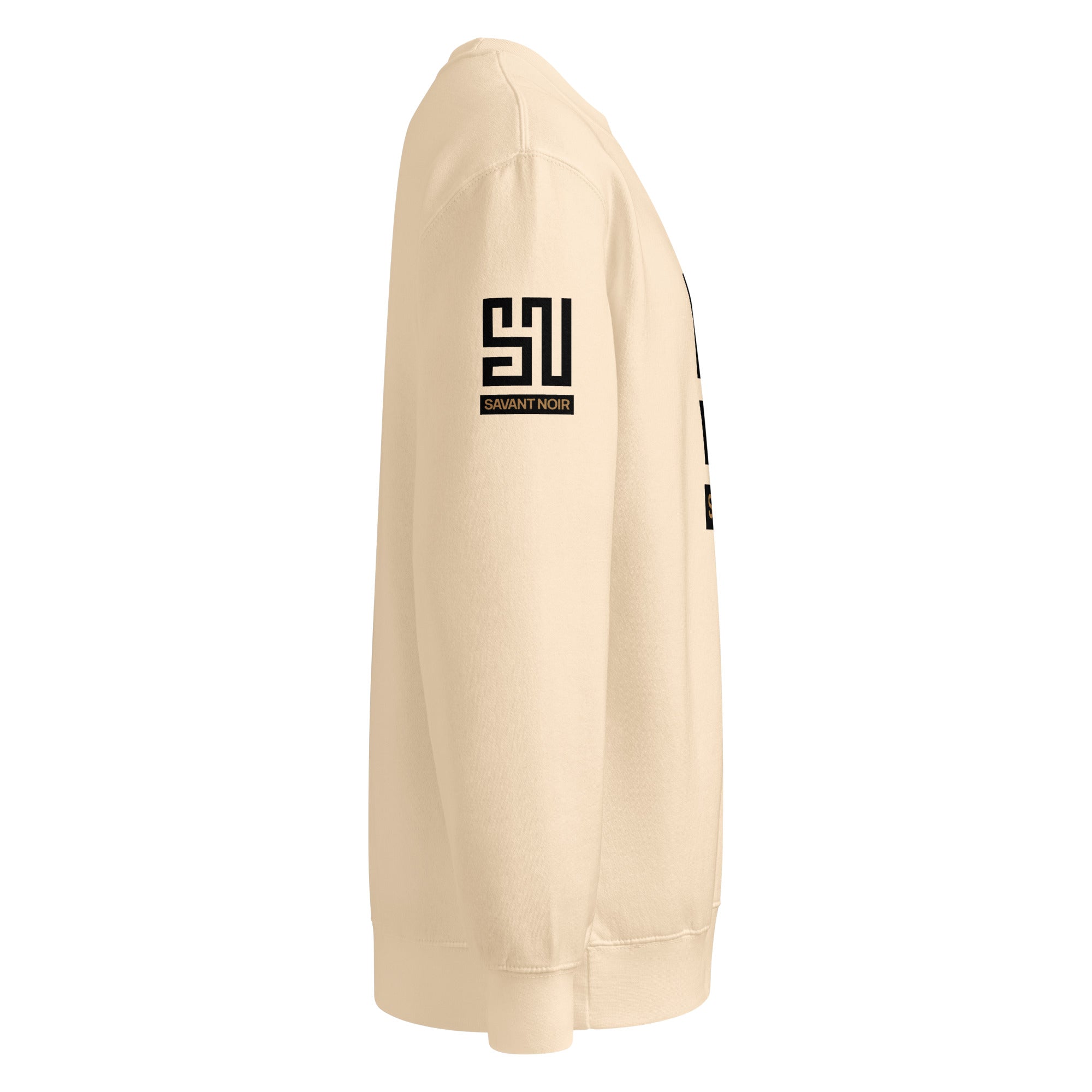 SAVANT NOIR beige luxury crew neck sweatshirt with logo on sleeve and ribbed cuffs