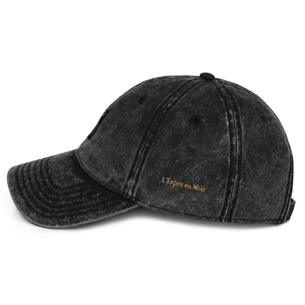 SAVANT NOIR black vintage cotton twill cap with distressed finish and embroidered text detail