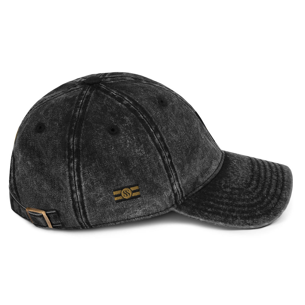 SAVANT NOIR vintage cotton twill cap in black with adjustable buckle strap and distressed finish